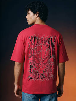 Bewakoof - Marvel Men Red Spidey Graphic Printed Oversized Acid Wash T-shirt
