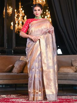 Beatitude - Faded Mauve Banarasi Woven Saree with Unstitched Blouse