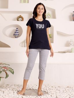Bodycare - Navy Blue Women Printed Half Sleeves T-Shirt with Capri