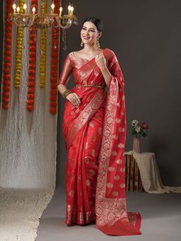 Akhilam - Womens Organza Red Woven Design Designer Saree with Unstitched Blouse