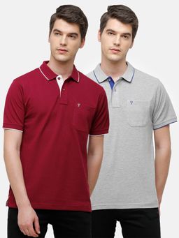 Classic Polo - Men Solid Red & Grey Cotton Blend Regular Fit Polo T-Shirts (Pack of 2)