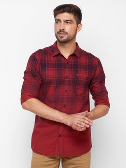 Spykar - Deep Red Cotton Full Sleeve Checks Shirt for Men