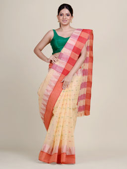 CHARUKRITI - Beige Handwoven Tant Saree With Startch and without Blouse