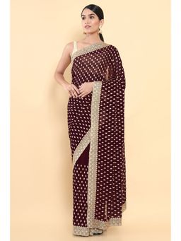 Soch - Women Maroon Georgette Embroidered Saree with Unstitched Blouse