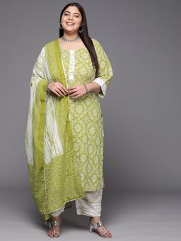 Extra love by Libas - Green Printed Cotton Straight Kurta Sets for Women