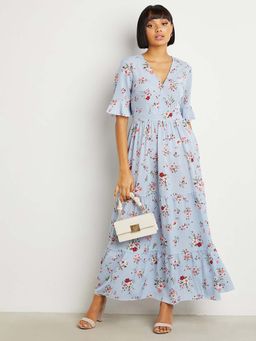 Styli - Blue Floral Print V Neck Maxi Dress With Concealed Zip Closure