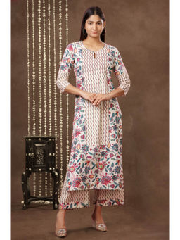 Mokshi - Women White Cotton Floral Round Neck Kurta with Palazzo (Set of 2)