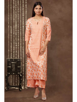 Mokshi - Women Orange Cotton Floral Round Neck Kurta with Palazzo (Set of 2)