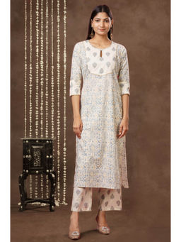 Mokshi - Women White Cotton Printed Round Neck Kurta with Palazzo (Set of 2)