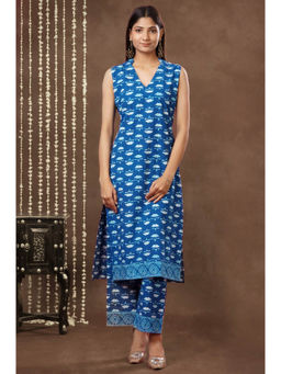 Mokshi - Women Blue Cotton Printed V-Neck Kurta with Palazzo (Set of 2)