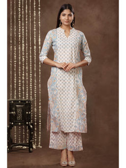 Mokshi - Women Blue Rayon Printed Mandarin Neck Kurta with Palazzo (Set of 2)