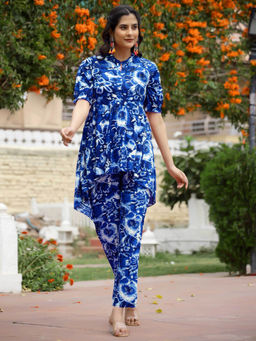 Mokshi - Women Blue Rayon Floral Collar Neck Co-Ord (Set of 2)