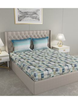 GM - Cotton Digital Checks Print Double Bedsheet with 2 Pillow Covers (90x108 inches, Blue) (Queen)