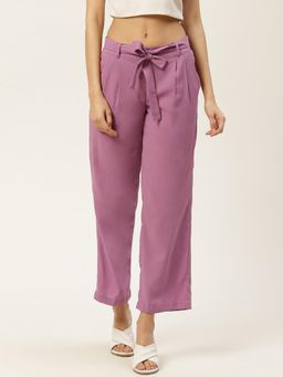 Dodo & Moa - Women Purple Solid Polyester Regular Fit Trouser with Belt (Set of 2)