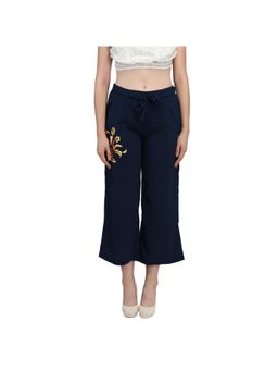 Dodo & Moa - Women Navy Blue Printed Polyester Regular Fit Trouser with Belt (Set of 2)