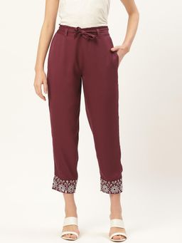Dodo & Moa - Women Burgundy Floral Polyester Regular Fit Trouser with Belt (Set of 2)