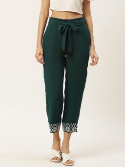 Dodo & Moa - Women Green Floral Polyester Regular Fit Trouser with Belt (Set of 2)