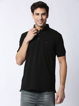 Dragon Hill - Half Sleeves Black Cotton Lycra Button Down Polo T-shirt