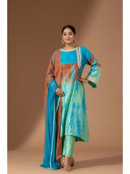Finethreads by Hina & Nikhat - Womens Tie & Dye Blue Kurta with Pant and Dupatta