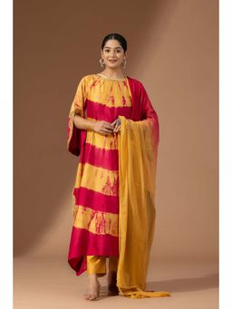 Finethreads by Hina & Nikhat - Womens Tie & Dye Yellow Kurta with Pant and Dupatta