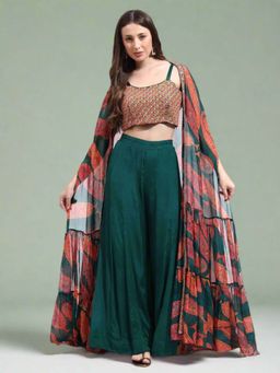QAIYNAT - Womens Embroidered Multi-Color Crop Top with Cape and Palazzo