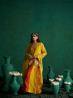 Hirika & Dhruti - Womens Embroidered Yellow Kurti with Sharara and Dupatta