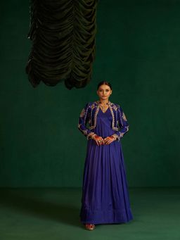Hirika & Dhruti - Womens Embroidered Blue Anarkali Kurta with Pant and Jacket