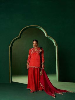 Hirika & Dhruti - Womens Embroidered Red Kurti with Sharara and Dupatta