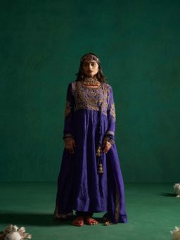 Hirika & Dhruti - Womens Embroidered Blue Anarkali Kurta with Pant and Dupatta
