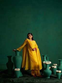 Hirika & Dhruti - Womens Embroidered Yellow Kurta with Pant and Dupatta