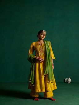 Hirika & Dhruti - Womens Embroidered Yellow Kurta with Palazzo and Dupatta