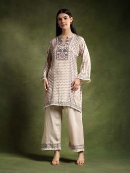 QAIYNAT - Womens Printed Beige Co-Ord Set