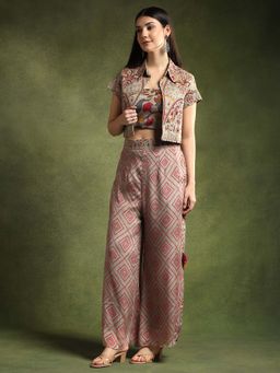 QAIYNAT - Womens Printed Taupe Bustier with Palazzo and Jacket