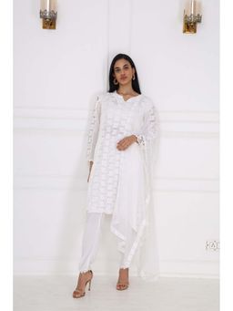 SAROJ - Womens Embroidered White Kurta with Pant and Dupatta