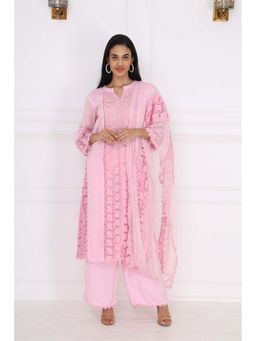 SAROJ - Womens Embroidered Pink Kurta with Pant and Dupatta
