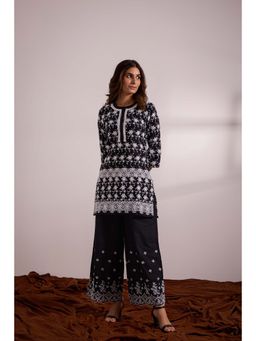 SAROJ - Womens Embroidered Black Kurti with Palazzo