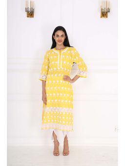 SAROJ - Womens Embroidered Yellow Kurta with Dhoti Pant