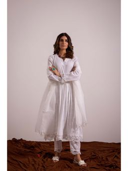 SAROJ - Womens Self Design White Anarkali Kurta with Pant and Dupatta