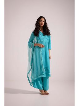 SAROJ - Womens Embroidered Blue Kurta with Palazzo and Dupatta
