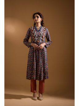 SAROJ - Womens Printed Navy Blue Anarkali Kurta with Pant