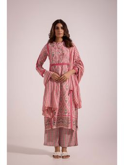 SAROJ - Womens Printed Pink Kurta with Palazzo and Dupatta
