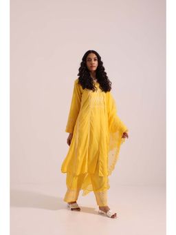 SAROJ - Womens Embroidered Yellow Kurta with Pant and Dupatta