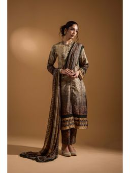 SAROJ - Womens Printed Beige Kurta with Pant and Dupatta