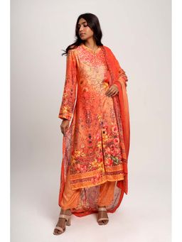 SAROJ - Womens Floral Orange Kurta with Pant and Dupatta