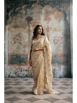 Saanjh by Lea - Womens Embroidered Ivory Pre-Draped Saree with Stitched Blouse