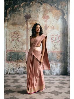 Saanjh by Lea - Womens Woven Pink Pre-Draped Saree with Stitched Blouse