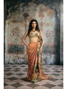 Saanjh by Lea - Womens Printed Multi-Color Pre-Draped Saree with Stitched Blouse