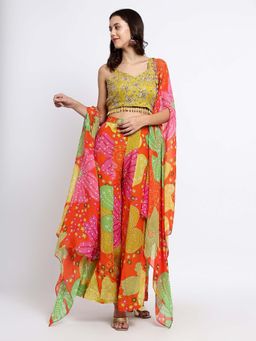 QAIYNAT - Womens Printed Multi-Color Crop Top with Cape and Palazzo