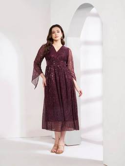JUSTIN WHYTE - Embellished Pleated Purple Flared Dress