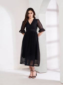 JUSTIN WHYTE - Stylish Black Textured Flared Dress